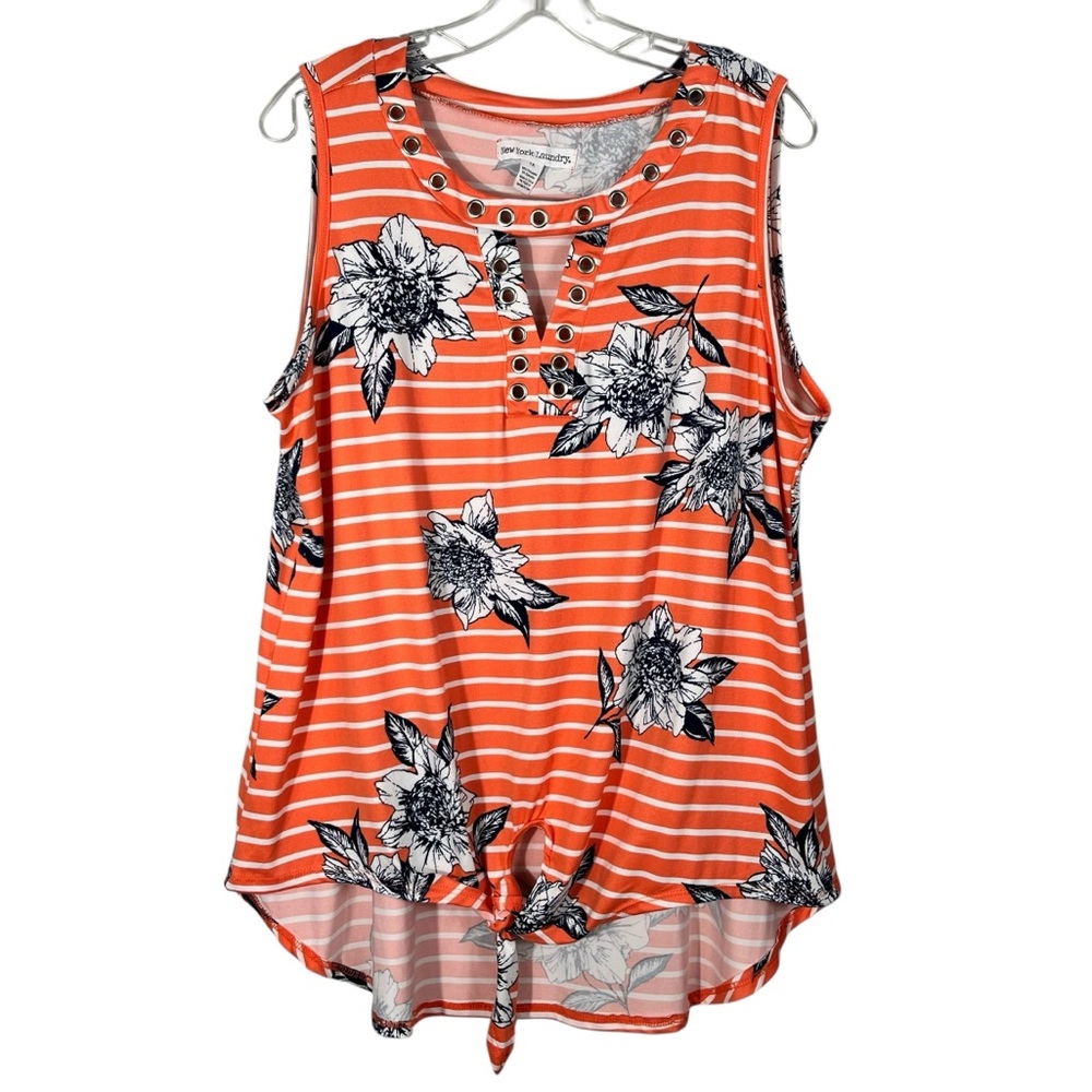 New York Laundry Orange Striped Floral Cutout Neckline Sleeveless Top Plus Size